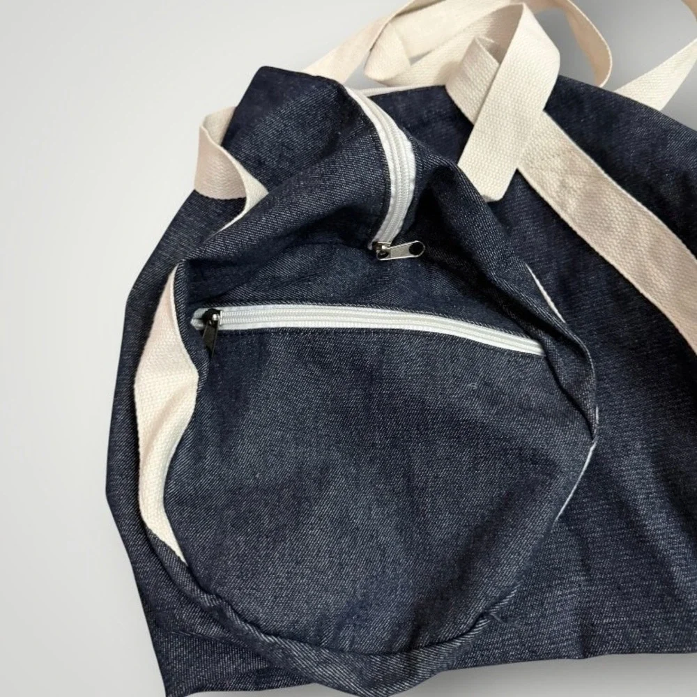 Gym & Juice Duffel Bag Large Blue Denim Graphic Travel Barrel Workout Yoga Funny